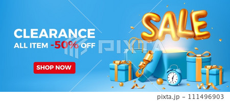 3D gift box. Shop sale. Clearance discount banner design. Anniversary shopping promotion. Purchase bag. Gold confetti or foil inflatable balloons. Special offer percent. Vector background 111496903