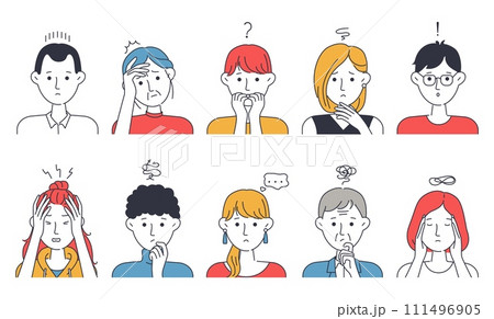 Worry persons. Anxiety men and women portraits. Stress of troubles. Unhappy emotion expressions. Think or explanation business questions. Tired employees. Vector simple illustrations set 111496905