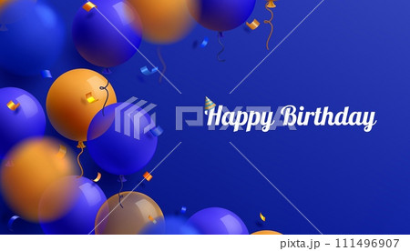 3D birthday balloons. Blue anniversary card. Happy holiday greeting card template. Gift for celebrate congratulations. Inflatable balls and golden confetti. Vector design background 3D birthday balloons. Blue anniversary card. Happy holiday greeting card template. Gift for celebrate congratulations. Inflatable balls and golden confetti. Vector design background 111496907