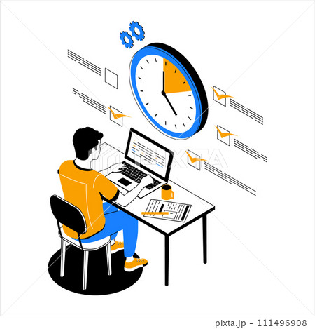 Time management. People organize productive workflow and effective schedule. Man working at computer. Completed task. Deadline and priority goals. Multitasking employee. Vector concept 111496908
