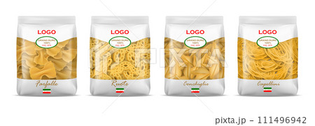 Pasta package. Realistic farfelle or ruoty bag mockup. Macaroni plastic packaging. Italian food. Conchiglie and capellini wrapper. Transparent cellophane frame. Vector products packs set 111496942