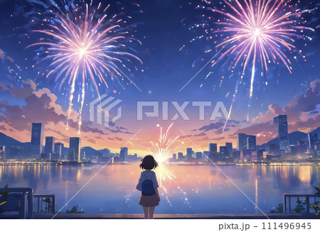 花火を見上げる女性のシルエットと花火大会。AI画像。 花火を見上げる女性のシルエットと花火大会。AI画像。 111496945