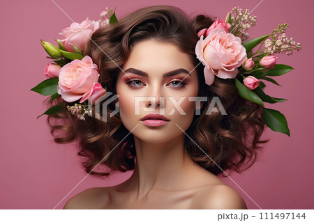 A young brunette woman with a hairstyle of spring flowers in her hair on a pink solid background. Feminine beauty portrait, makeup, hairstyle, stylist, feminine energy. AI generated 111497144
