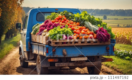 Old truck with an autumn harvest of vegetables and herbs on a plantation - a harvest festival, a roadside market selling natural eco-friendly farm products. AI generated Old truck with an autumn harvest of vegetables and herbs on a plantation - a harvest festival, a roadside market selling natural eco-friendly farm products. AI generated 111497192