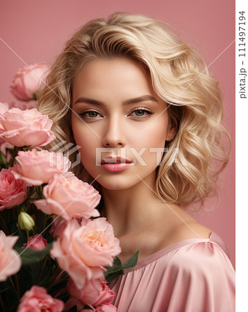 A young blonde woman with a hairstyle of spring flowers in her hair on a pink solid background. Feminine beauty portrait, makeup, hairstyle, stylist, feminine energy. AI generated A young blonde woman with a hairstyle of spring flowers in her hair on a pink solid background. Feminine beauty portrait, makeup, hairstyle, stylist, feminine energy. AI generated 111497194