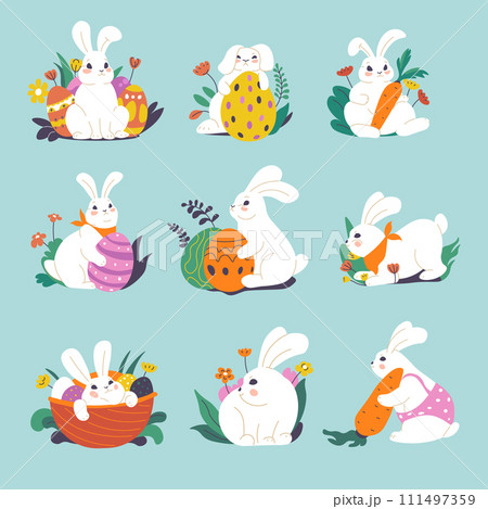 Rabbit characters, funny hares and bunnies vector Rabbit characters, funny hares and bunnies vector 111497359