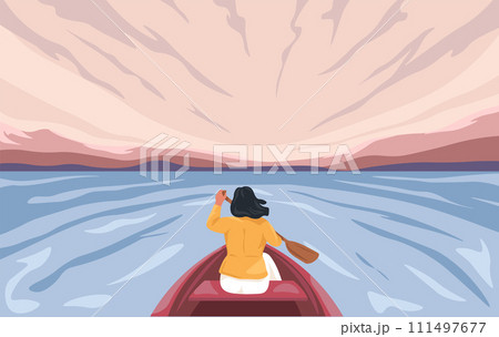 Girl traveling and traveling on boat on river 111497677
