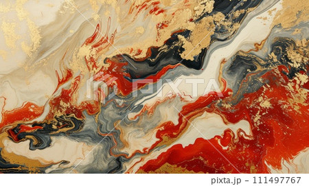 Suminagashi in abstract style on red background. Gold marbled texture. 111497767