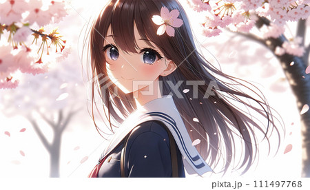 満開の桜を背景に、こちらを振り向く笑顔が可愛い女子高生のポートレート。AI画像。 111497768