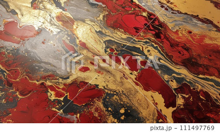 Abstract pattern with red suminagashi for cover design. Red and gold stone pattern. 111497769