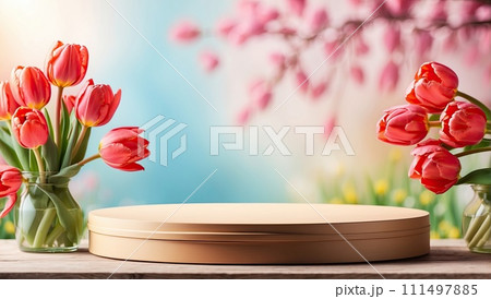 Podium for demonstration, display and montage of product, cosmetic with bright tulips spring decor. Spring time background, blooming, birthday, March 8, Easter, women's day. Copy space. AI generated Podium for demonstration, display and montage of product, cosmetic with bright tulips spring decor. Spring time background, blooming, birthday, March 8, Easter, women's day. Copy space. AI generated 111497885