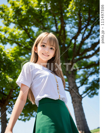 緑の大地で大木を背に笑顔の若い女性 111497886