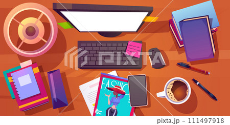 Top view on table with messy workplace. Top view on table with messy workplace. 111497918