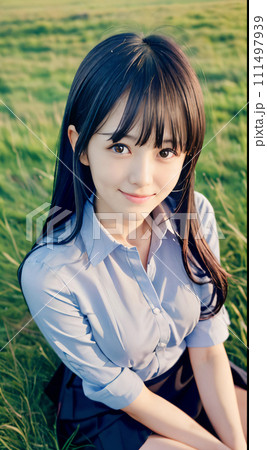 緑の大地で笑顔で見つめる若い女性 111497939