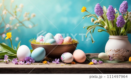 Multicolored colored Easter eggs on the table with spring flowers - Easter banner with a space for text. AI generated 111497964