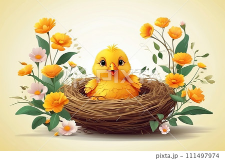 Cute vector yellow chick in a spring blooming nest of twigs and flowers on a solid background. Spring card, spring time, Easter. AI generated 111497974