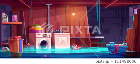 Flooded house basement room with laundry equipment 111498006