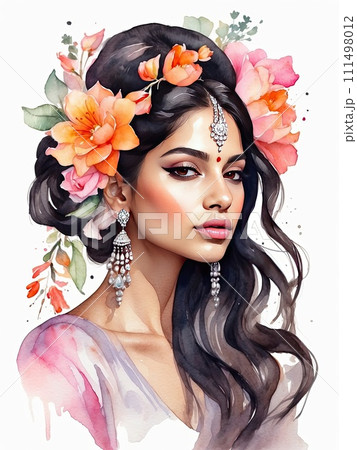 The watercolor silhouette of Indian woman with delicate spring flowers in her hair is spring and summer portrait. Freedom, femininity, wedding, makeup, stylist, Barber, bride. AI generated 111498012