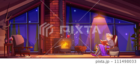 Elderly woman in cozy living room of winter cabin Elderly woman in cozy living room of winter cabin 111498033
