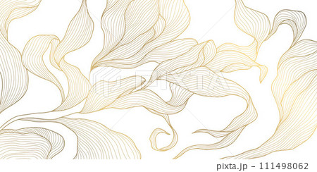 Vector gold leaf background pattern, floral abstract luxury art deco design. Premium elegant jungle line illustration. Fancy tropic summer ornament. Vector gold leaf background pattern, floral abstract luxury art deco design. Premium elegant jungle line illustration. Fancy tropic summer ornament. 111498062