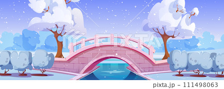 City public park in winter with bridge over river City public park in winter with bridge over river 111498063