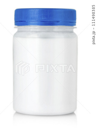 White jar with blue cap without label isolated on a white background White jar with blue cap without label isolated on a white background 111498385