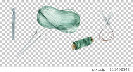 Watercolor knitting illustrations set. Green yarn, skein, needles, old fashion hook for hobby, knit shop, label, packing design. Hand made elements for hand craft design 111498548