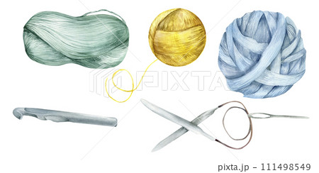 Watercolor knitting illustrations set. Yellow yarn, green and blue hanks, hook, metal old-fashion needles for hobby, knit shop, label, packing design 111498549