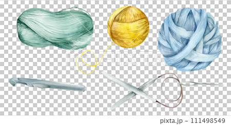 Watercolor knitting illustrations set. Yellow yarn, green and blue hanks, hook, metal old-fashion needles for hobby, knit shop, label, packing design 111498549