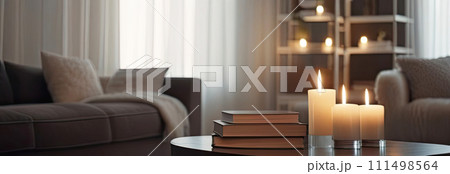 Cozy interior of a modern living room in the style hygge - sofa with cushions white and gray colors, cozy knitted, plaid, minimalism, candles. AI generated 111498564