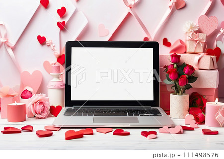 Laptop a white screen mock up on a table with a Valentine's day decor with heart-shaped balloons, petals and a bouquet of flowers. Online greetings, festive remote work, shopping. AI generated 111498576