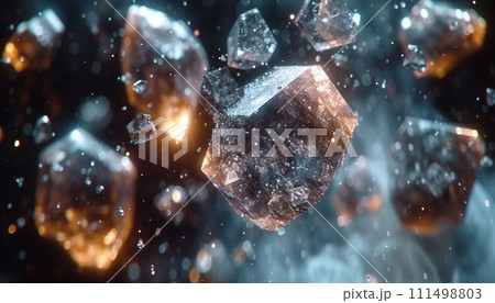 Geometric crystals emerge from a smoky abyss, shimmering with an internal golden light. Geometric crystals emerge from a smoky abyss, shimmering with an internal golden light. 111498803