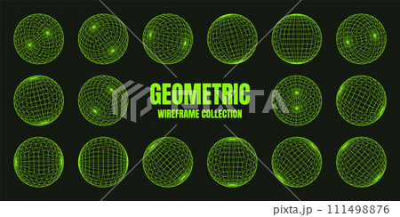 Wireframe shapes, lined sphere. Perspective mesh, 3d grid. Low poly geometric elements. Retro futuristic design elements, y2k, vaporwave and synthwave style. Vector illustration Wireframe shapes, lined sphere. Perspective mesh, 3d grid. Low poly geometric elements. Retro futuristic design elements, y2k, vaporwave and synthwave style. Vector illustration 111498876