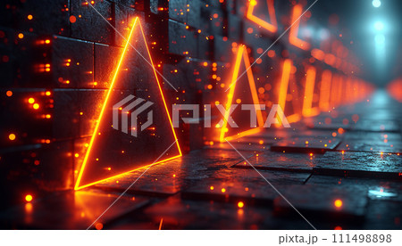 Abstract 3D shapes with neon lights. Futuristic neon triangle patterns on a dark, wet street surface. 111498898