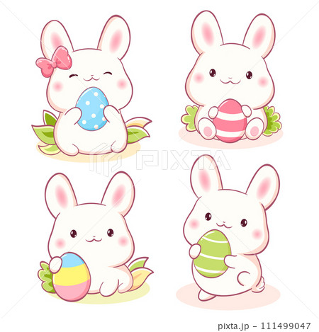 Set of little bunny in kawaii style. Tiny baby rabbits with Easter eggs. Cute Easter rabbit collection. Can be used for t-shirt print, sticker, greeting card. Vector illustration EPS8 Set of little bunny in kawaii style. Tiny baby rabbits with Easter eggs. Cute Easter rabbit collection. Can be used for t-shirt print, sticker, greeting card. Vector illustration EPS8 111499047