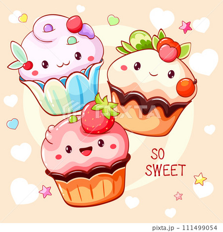 Card with cute dessert in kawaii style. Cake, muffin and cupcake with whipped cream and berry. Inscription So sweet. Can be used for t-shirt print, sticker, greeting card. Vector illustration EPS8 111499054