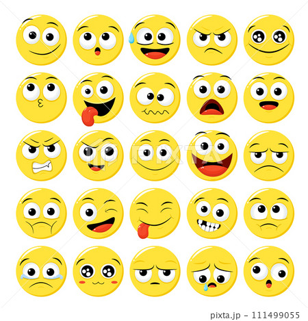 Collection of emoticons with different mood. Set of volumetric cartoon emoji faces in different expressions - happy, sad, cry, fear, crazy. Vector illustration EPS8 Collection of emoticons with different mood. Set of volumetric cartoon emoji faces in different expressions - happy, sad, cry, fear, crazy. Vector illustration EPS8 111499055