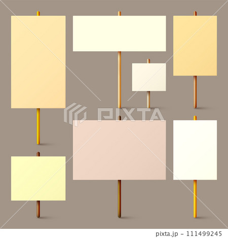 Blank colorful protest sign with wooden holder. Realistic vector demonstration banner. Strike action cardboard placard mockup Blank colorful protest sign with wooden holder. Realistic vector demonstration banner. Strike action cardboard placard mockup 111499245