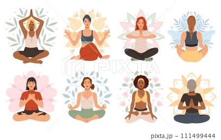 Happy meditate women. Yoga lotus position, sitting in asana, relaxed ladies, different auras elements, mandala leaves and flowers, peaceful cartoon flat style isolated tidy vector set Happy meditate women. Yoga lotus position, sitting in asana, relaxed ladies, different auras elements, mandala leaves and flowers, peaceful cartoon flat style isolated tidy vector set 111499444
