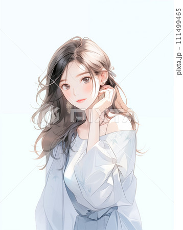 綺麗なロングヘアーのお姉さんのイラスト　水彩画風「AI生成画像」 111499465