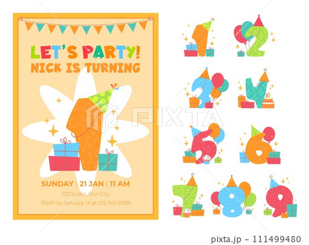 Kids anniversary numbers. Childish font design, birthday party decor with gift boxes, cartoon funny letters, baby holiday card design, cartoon flat style isolated vector doodle set Kids anniversary numbers. Childish font design, birthday party decor with gift boxes, cartoon funny letters, baby holiday card design, cartoon flat style isolated vector doodle set 111499480