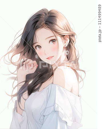 綺麗なロングヘアーのお姉さんのイラスト 水彩画風「AI生成画像」の