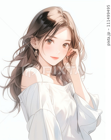 綺麗なロングヘアーのお姉さんのイラスト　水彩画風「AI生成画像」 111499495