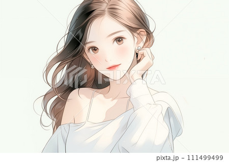 綺麗なロングヘアーのお姉さんのイラスト　水彩画風「AI生成画像」 111499499