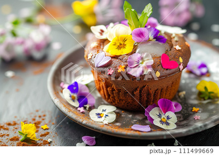 A delicious chocolate muffin with edible flowers on a ceramic plate. Generative AI. 111499669
