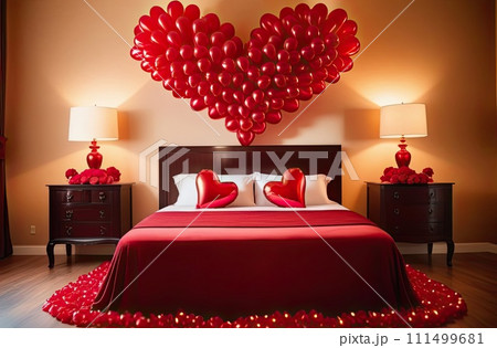 The white bedroom is decorated with red balloons for Valentine's Day. A date at a hotel for lovers. AI generated 111499681