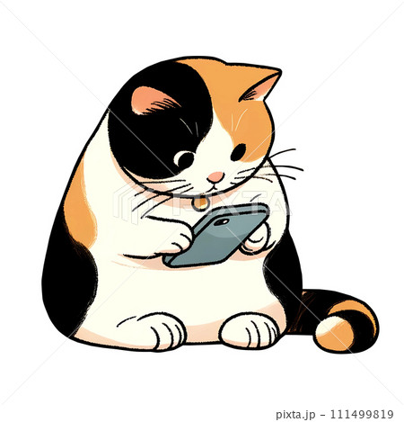 スマホを見ている太った三毛猫のイラスト素材 [111499819] - PIXTA
