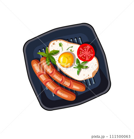 Scrambled eggs with sausages with fresh herbs. Realistic style. Fried egg sprinkled with spices. Vector illustration. Scrambled eggs with sausages with fresh herbs. Realistic style. Fried egg sprinkled with spices. Vector illustration. 111500063
