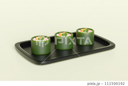3d salmon onigiri sushi on food tray, japanese food isolated concept, 3d render illustration 111500192
