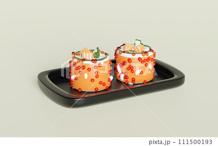 3d uramaki sushi on food tray, japanese food isolated concept, 3d render illustration 111500193